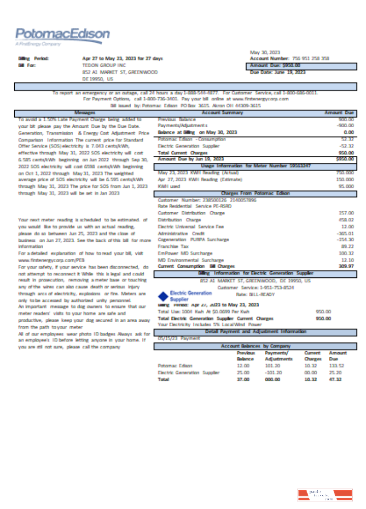 Potomac Edison utility business bill, page 1, SCR PSD template